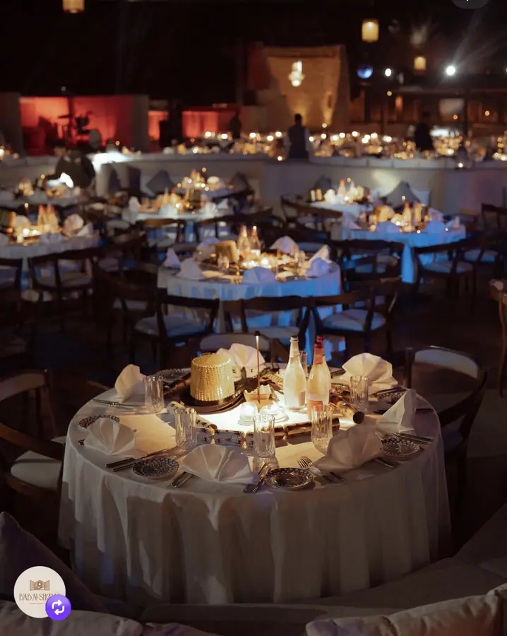 Outdoor dining tables after sunset